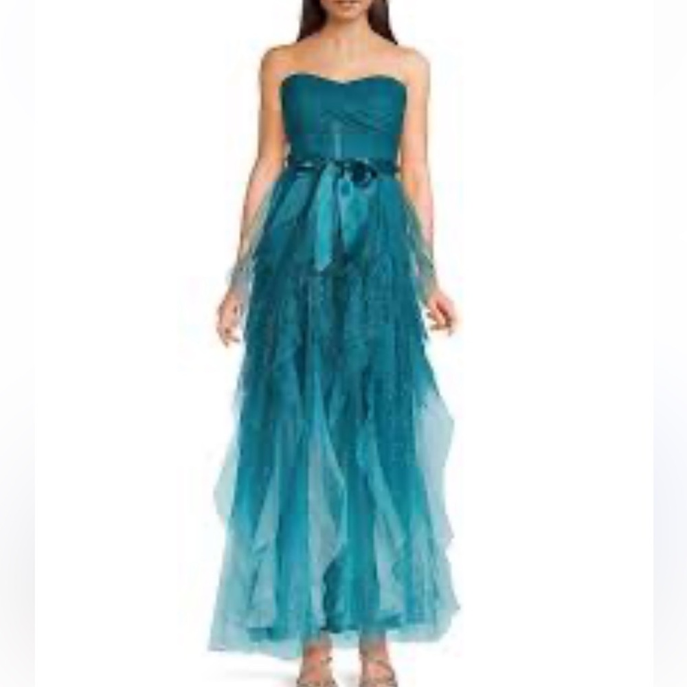 PEAR CULTURE Teal Ombre Ruffled GLITTER TULLE Strapless Gown: WOMEN SIZE 13/14